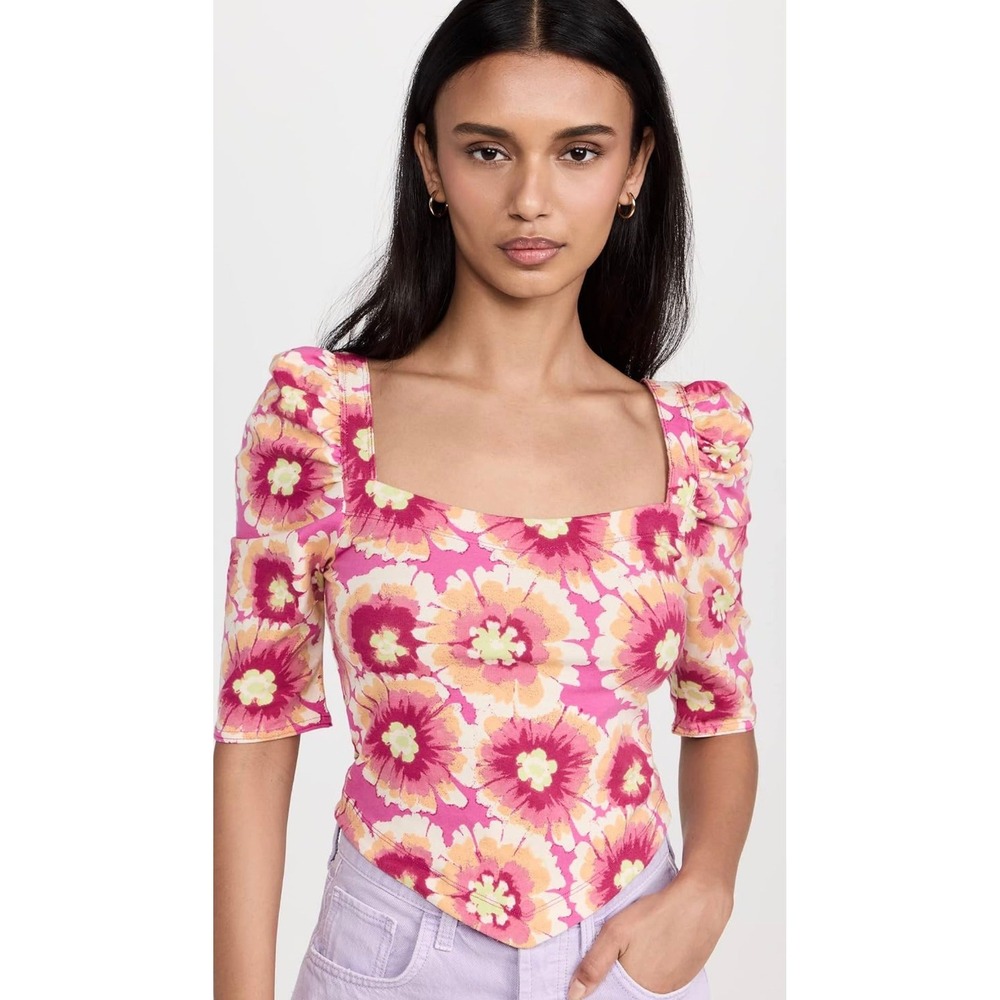 Free People Give Me More Top Small Pop Combo Floral Puff Sleeve Open Back NWT